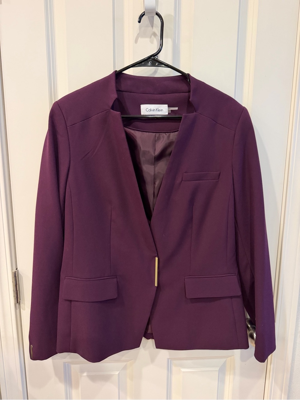 Calvin Klein Deep Plum Collarless Blazer with Gold Accent